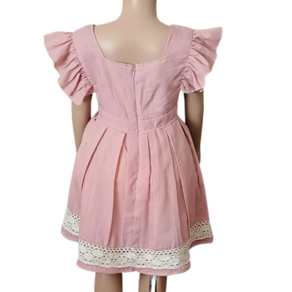 Girls Dusty Pink Pinafore Dress 5-6T Pleated Flare Lace Trim Flutter Sleeves - Picture 5 of 8